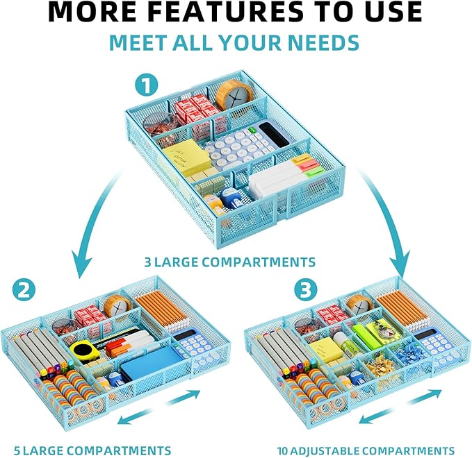 Marbrasse Expandable Desk Drawer Organizer, Mesh Drawer Organizer Tray with 10 Adjustable Compartments, Desk Organizers and Accessories for Office Supplies, Makeup & Vanity (Expandable-Blue)