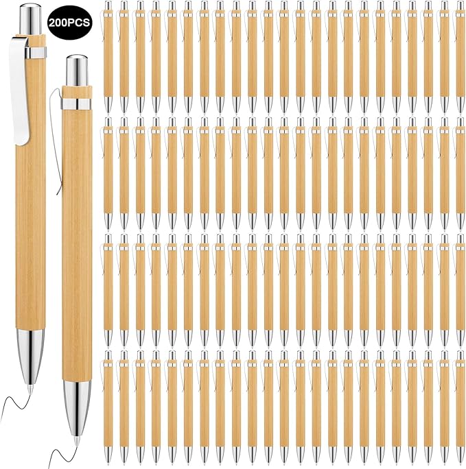 SATINIOR 200 Pcs Bamboo Ballpoint Pens, Wooden Retractable Ballpoint Pen, Black Ink, 1mm Pen, Sustainable, Stylish, Practical, Widely Applicable