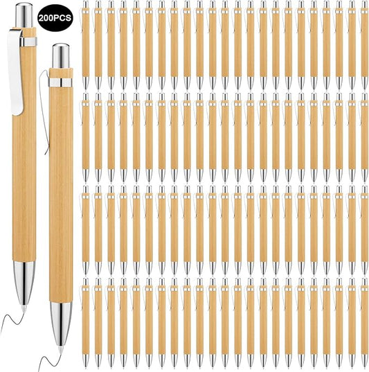 SATINIOR 200 Pcs Bamboo Ballpoint Pens, Wooden Retractable Ballpoint Pen, Black Ink, 1mm Pen, Sustainable, Stylish, Practical, Widely Applicable