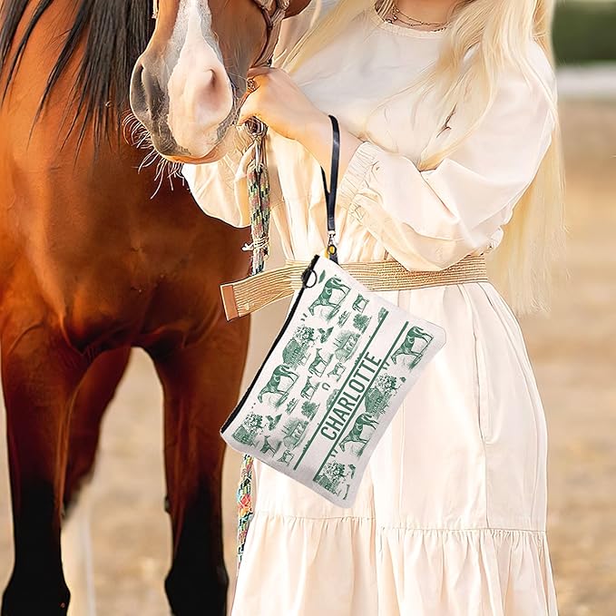 Custom Small Cosmetic Pouch Equestrian Personalized Makeup Bag for Purse with Text and Wrist Strap Essentials Christmas Birthday Horse Gifts for Girls Women