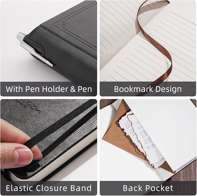 Lined Notebook Journal for Women Men 320 Pages A5 Hardcover Leather with Pen Holder College Ruled Journals for Work Note Taking Travel School Black