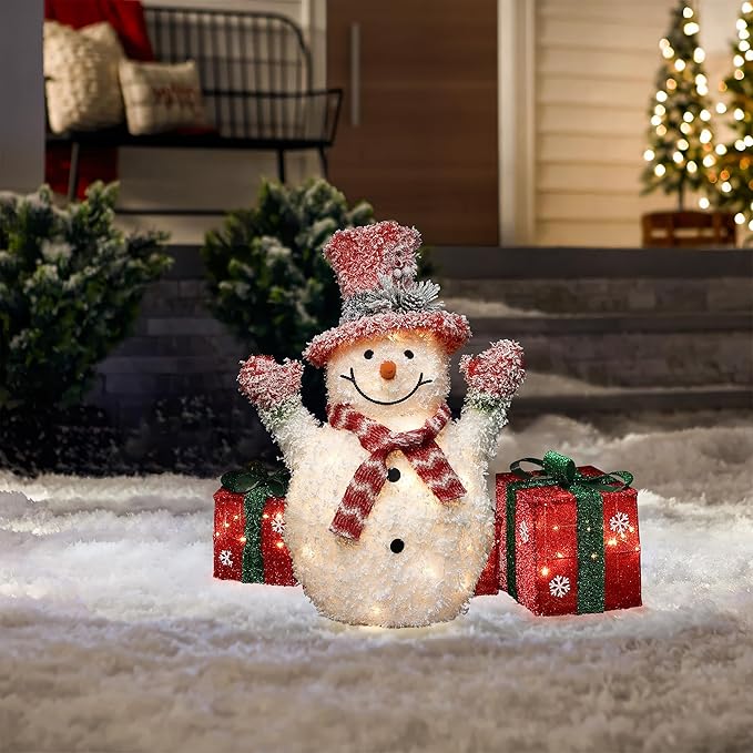 LuxenHome 2FT Lighted Snowman Outdoor Christmas Decorations, Battery Operated Frosted Snowman Christmas Decor with 35 LED Light, Xmas Decorations Outdoor, Indoor for Porch, Lawn Holiday Display
