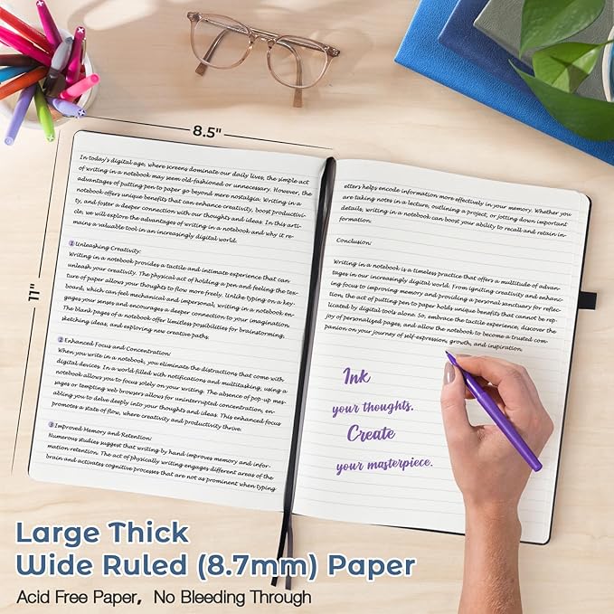 Lined Journal Notebook, 8.5" x 11" Hardcover Leather Notebook for Work, Wide Ruled Notebook Journal for Women Men, 192 Thick Paper, Lay Flat, 2 Pockets, Large Journals for Writing, Purple Notebook
