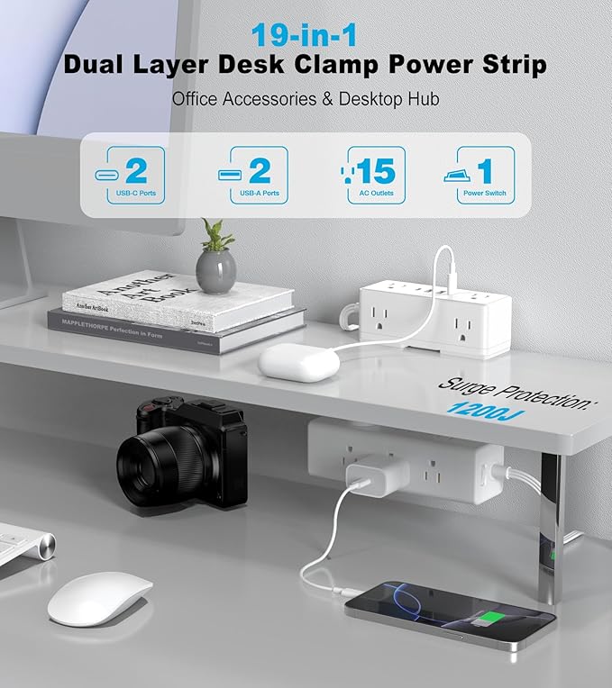 Dual Layer Desk Clamp Power Strip, 19 in 1 Desktop Edge Mount Surge Protector with 4 USB Ports(2 USB-C) & 15 AC Outlets, Ultra Thin Flat Plug & 15FT Power Cord for Office Home(ETL Listed)
