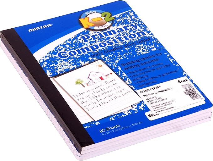 Mintra Primary Composition Notebook, 24 units 6-4 Pack, Blue Cover, 80 Sheets, 7.5in x 9.75in, 1/2 Sheet, Ruled with Drawing Area, Flexible Hardcover Journal, Grades K-2, School & Home Use