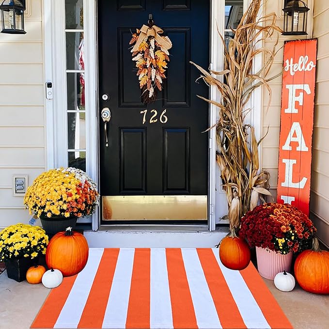 Orange and White Rug Halloween Fall Front Door Rug Hand Woven Area Rugs Washable Outdoor Doormats Indoor Entrance Mat for Front Porch Kitchen Entryway Patio Holiday