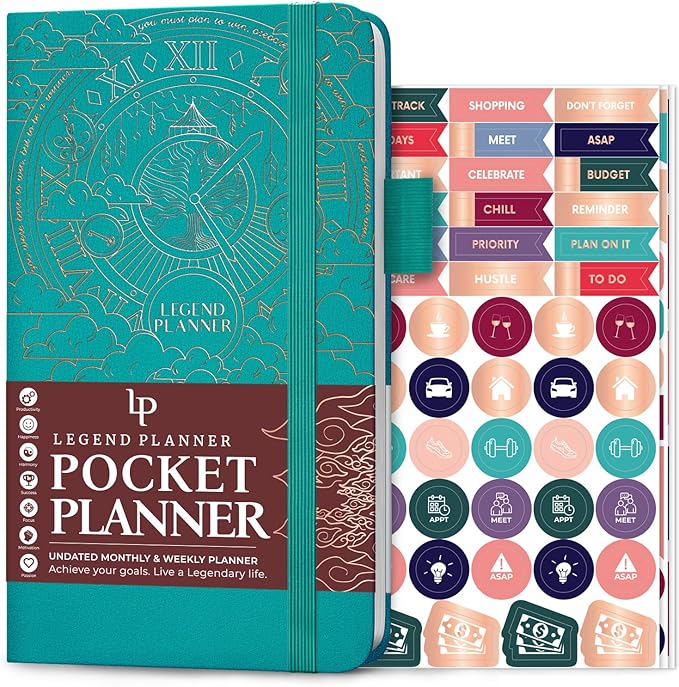 Legend Planner Pocket – Small Undated Monthly & Weekly Goal Journal and Calendar for Productivity, Mini Life Organizer Planner Perfect for Purse, Size: 3.5" x 6.2" Hardcover – Viridian Green