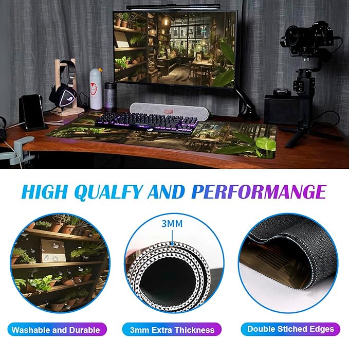 Lndoor Green Plant Expansion Desk Mat, Flower Plant Large Gaming Mouse Mat XXL Laptop Mouse Keyboard Mat 35.4 x 15.7-Inch Office Desk Decoration