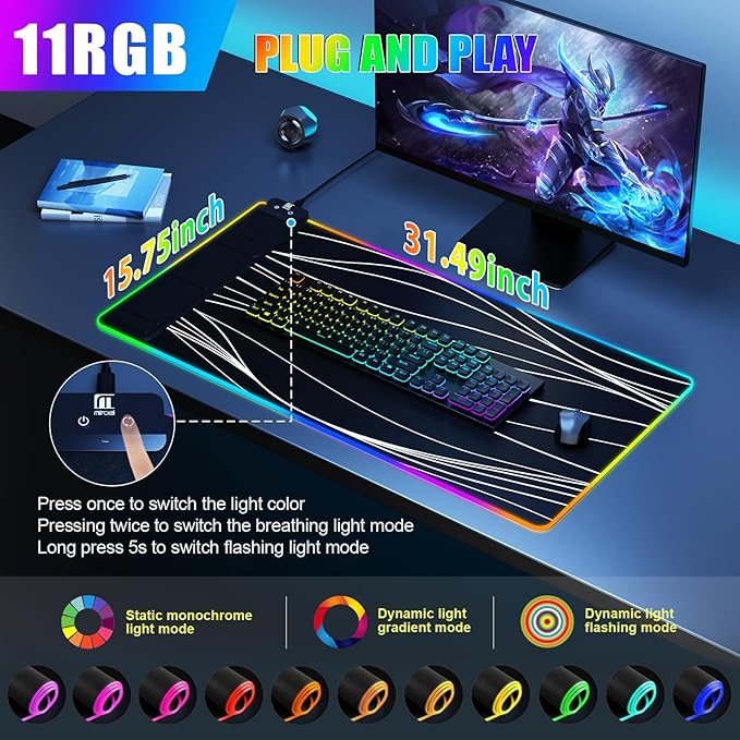 Mouse Pad with Phone Holder, Wireless Charging Desk Mat, RGB Gaming Mousepad Home Office Large Desk Pad with Ultra-Smooth Surface, Non-Slip Base, Waterproof Keyboard Pad,Wavy Black