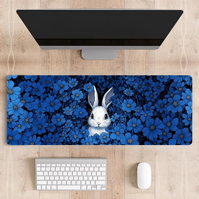Mousepad Desk Mat Gaming Large Keyboard Cute Office Desktop Computer Laptop XXL Long Big Kawaii Aesthetic Girly Pretty Design Women Girl Gamer Oversized Wide 30x12'' Mousepad, Blue Rabbit