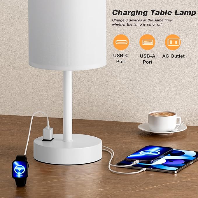Fenmzee White Nightstand Bedroom Lamp - 3 Way Dimmable Bedside Lamp USB C A Charging Ports and AC Outlet, Small Table Lamp Linen Lampshade for Office Desk