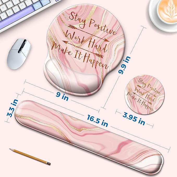 Mouse Pad and Keyboard Wrist Rest Support, with Non-Slip PU Base,Gel Mouse Pad with Coaster,Pain Relief for Gaming, Computer,Office -Pink Positive 3