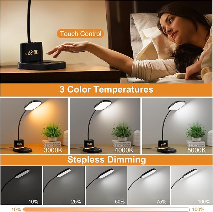 Sailstar Desk Lamp, Bedside Table Lamps with Wireless Charger and Clock, 30Mins Auto-Off Night Light Lamp, 3 Color Modes Dimmable Touch 800LM CRI 95, LED Desk Lamps for Home Office, Adapter Included