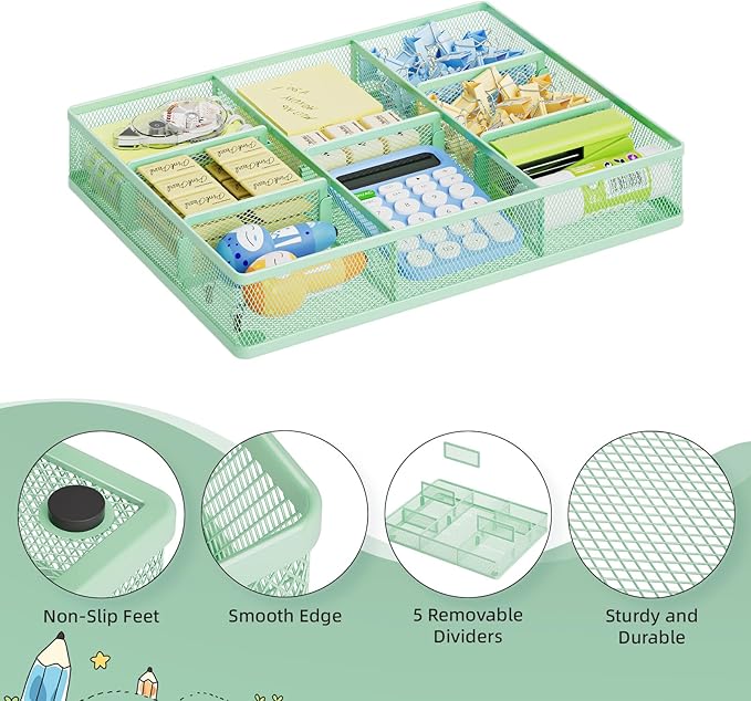 Marbrasse Desk Drawer Organizer, Metal Mesh Drawer Organizer Tray with 5 Adjustable Compartments,Desk Organizers and Accessories for Home,Office,Kitchen,Makeup,Vanity (Green)