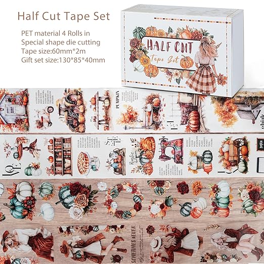 Snycler Pre-Cut Bumper Harvest Themed PET Washi Tapes - Vintage Aesthetic Tape Stickers for Journaling, Scrapbooking, Junk Journals, Crafts, Planners - 4 Rolls