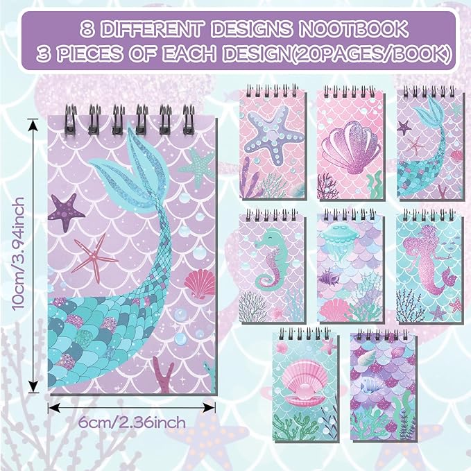 LiYiQ 148 Pcs Mermaid Mini Spiral Notepads Mermaid Pens Stickers Set for PET Birthday Classroom School Reward Gift Prizes Goodie Bags Stuffers