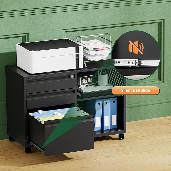 Letaya Mobile 3 Drawer File Cabinet with Lock-Metal Lateral Rolling Printer Stand Filing Cabinets for Home Office-Storage A4/F4/Letter (Black)