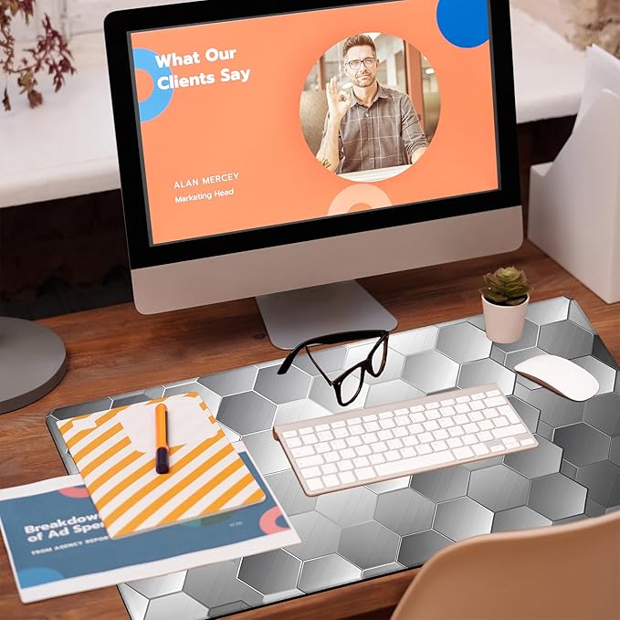 Large Gaming Mouse Pad for Desk, Silver Technology Honeycomb Desk Mat, Sci-Fi Honeycomb Desk Pad, 31.5"x15.7" Extended Big Computer Keyboard Mouse Pad with Non-Slip Base and Stitched Edge