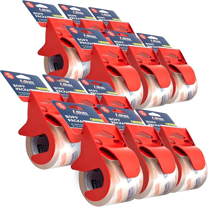ADHES No Noise Shipping Packing Tape, 48mm x 20m, 12 Tape Rolls with Dispensers, Heavy Duty Packing Tape for Moving Boxes-Moving Tape Strong Adhesive Packaging