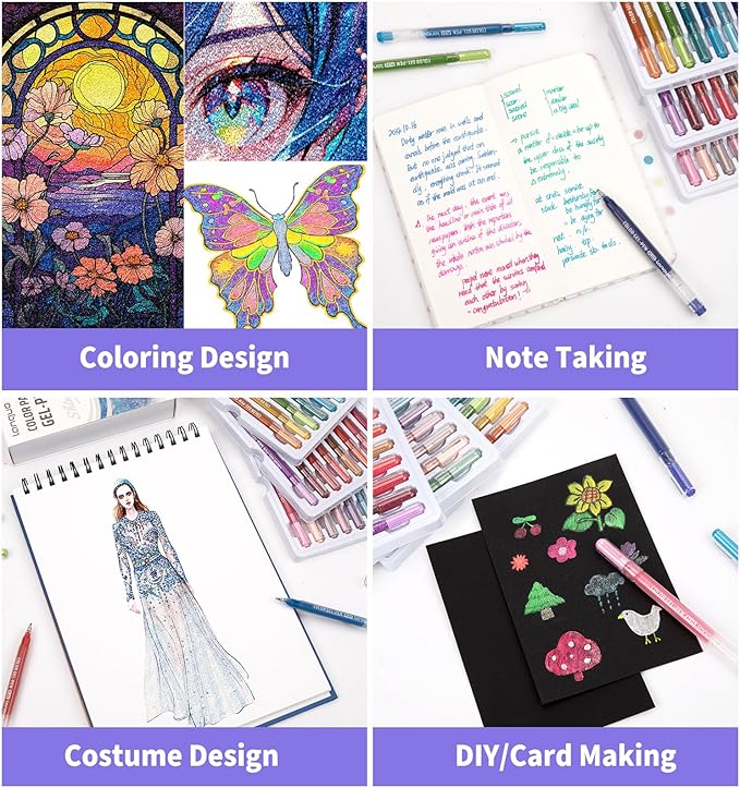 Glitter Gel Pens, 54 Pack Colored Pens for Black Paper & White Paper, 1.0mm Point Pens, Large Capacity Ink Pens for Coloring, Writing, Drawing, Journaling, Note Taking, School, Office, Home