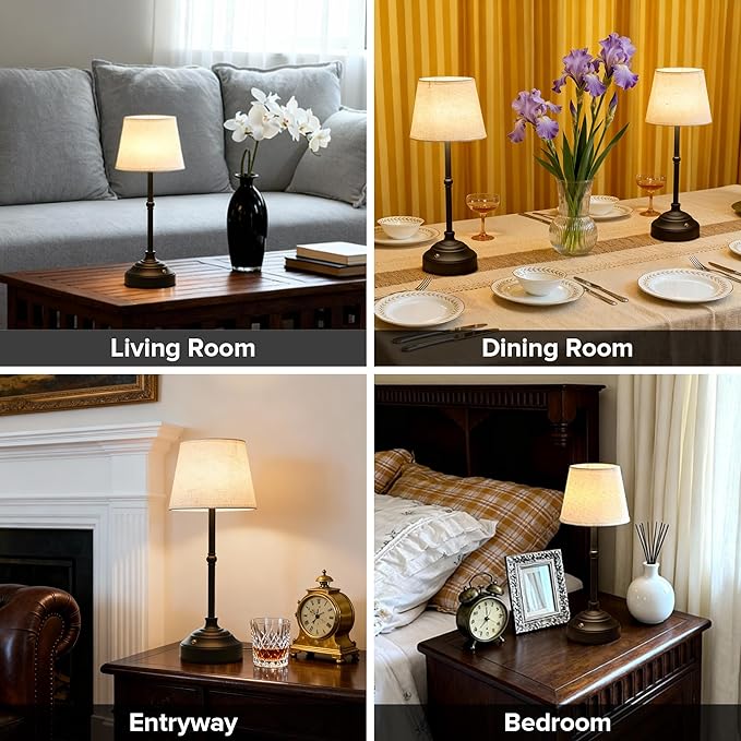 Cordless Table Lamp, Rechargeable Desk Lamp with Fabric Shade, Battery Operated Lamp 3 Color Stepless Dimming, Portable Small Touch Bedside Lamp Home Decor for Dining, Counter (Matte Black)