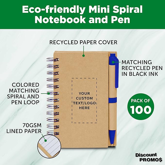 Custom Mini Spiral Notebooks with Black Ink Pens Set of 100, Personalized Bulk Pack - Perfect for School, Office, Business, Home - Blue