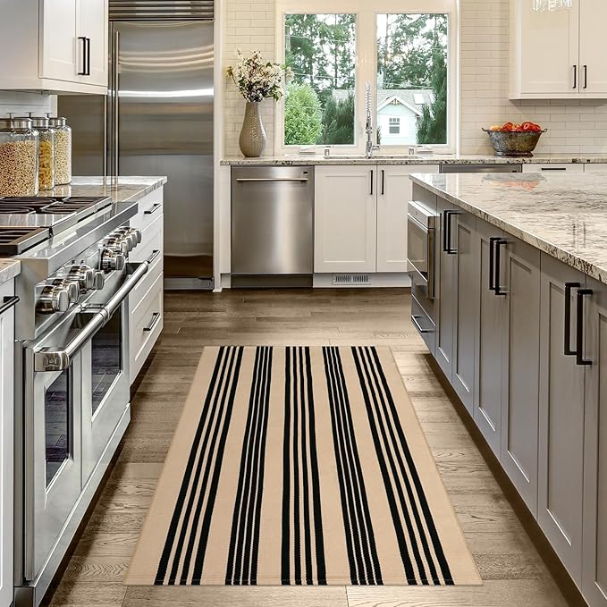 OJIA Christmas Outdoor Rug 3'x5', Black and Tan Area Rug Machine Washable Rugs Cotton Hand Woven Entry Rug Indoor Outdoor Striped Carpet for Front Porch/Deck/Backyard/Camping/Outdoor Decor