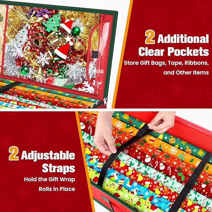 Wrapping Paper Organizer Storage, Christmas Wrapping Paper Storage for Christmas Decorations, Ribbon, Accessories, Underbed Gift Wrap Container with Flexible Partition, Interior Pockets(Red)