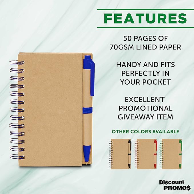 Mini Spiral Notebooks with Black Ink Pens Set of 10, Bulk Pack - Perfect for School, Office, Business, Home - Blue