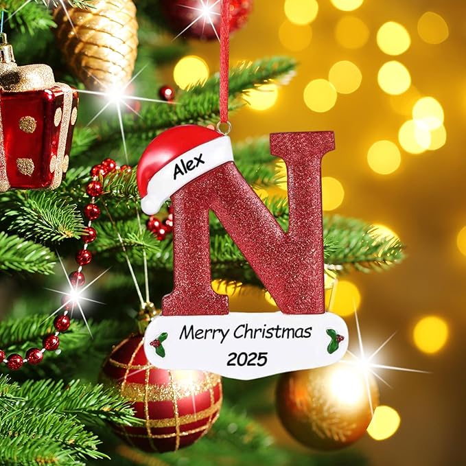 Personalized 26 Letters Ornaments for Christmas Tree 2025, Custom Christmas Ornament with Family Member's Names 3D Resin Xmas Hanging Pendant Original Gifts for Family Friends(N)