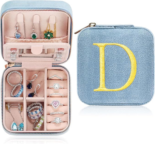 Parima Plush Velvet Travel Jewelry Case Jewelry Box - Personalized Monogram Jewelry Case Organizer Jewelry Boxes for Women Birthday Mom Friends Teen Girls Teenage Gifts Idea - Letter D, Blue