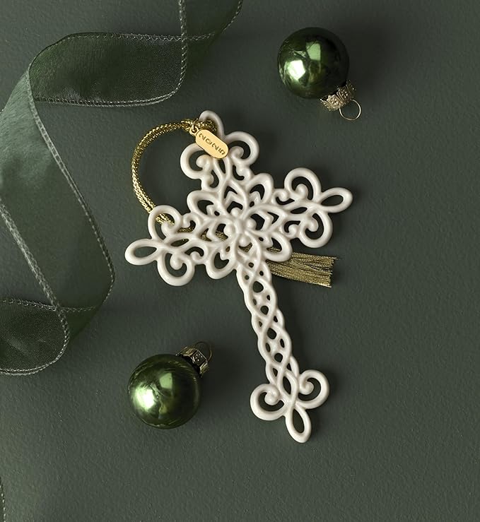 Lenox Ornament, 2025 Snow Fantasies Cross Ornament, Made from Porcelain with Gold Cord for Hanging, Christmas Tree Decorations, Winter Decorations, Christmas Decor, Cross Design (White, 1 Piece)
