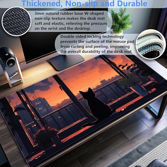 Lofi Aesthetic Desk Mat Cat Mouse pad Cute Orange Anime Mouse Pad Extra XL Large Gaming Mousepad for Desk 31.5''X15.7'' Laptop Computer Keyboard and Mouse Mat for Desk Decoration