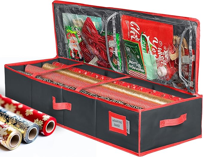 Premium Wrapping Paper Storage Container -Durable Material 600D tear-proof - Fits up to 27 Paper Rolls -Extra Pockets for Ribbons & Bows. Underbed Gift Wrap Organizer, Ideal for Holiday Christmas, etc (Black)