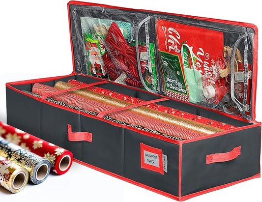 Premium Wrapping Paper Storage Container -Durable Material 600D tear-proof - Fits up to 27 Paper Rolls -Extra Pockets for Ribbons & Bows. Underbed Gift Wrap Organizer, Ideal for Holiday Christmas, etc (Black)