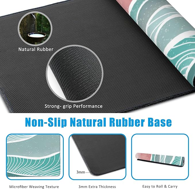 Ocean Wave and Mountain Large Gaming Mouse Pad,Waterproof Desk Mat for Desktop,Non-Slip Rubber Base Mousepad with Stitched Edges for Laptop Office and Home 35.4X15.7 Inch