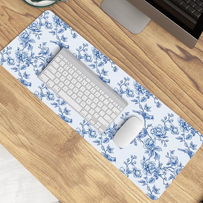 Navy Blue Chinoiserie Mouse Pad,Vintage Blue and White Floral Desk Mat,XL Large Flowers and Birds Preppy Mouse Pad,Girly Laptop Desk Mat for Dorm Home Office,31.5x11.8 Inch
