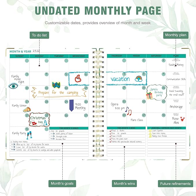 Ospelelf Undated Spiral Bound Planner Daily, Weekly and Monthly Planner 2025-2026, Work Planners 12 Month 8.5 x 11