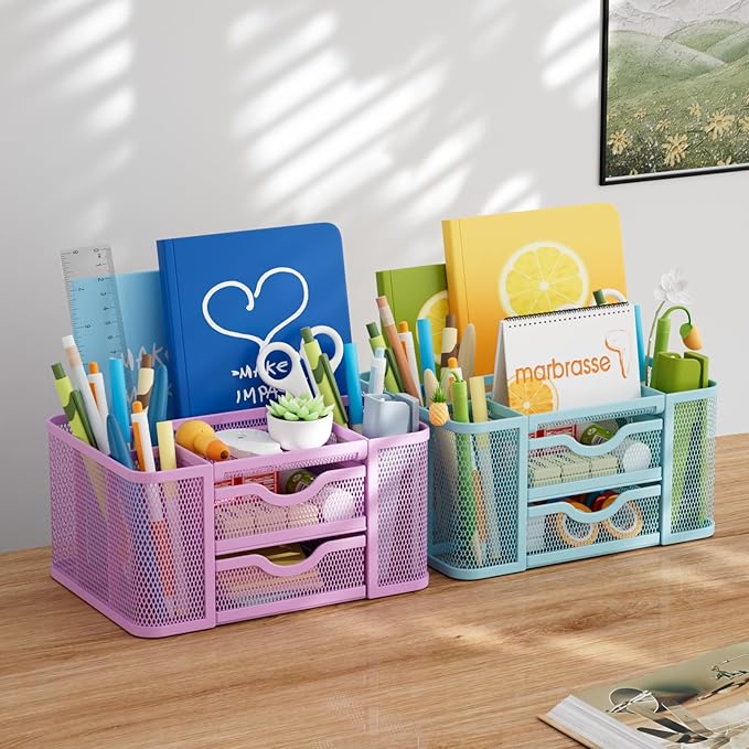 Marbrasse Mesh Desk Organizer, Pen Organizer with 2 Drawer, Multi-Functional Pencil Holder for Desk, Desk Organizers and Accessories with 5 Compartments + Drawer for Office Art Supplies (Purple)