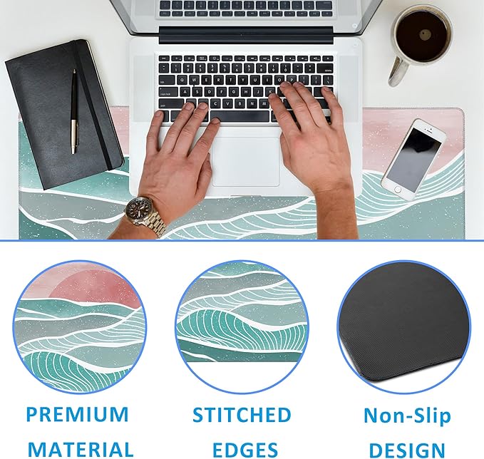 Ocean Wave and Mountain Large Gaming Mouse Pad,Waterproof Desk Mat for Desktop,Non-Slip Rubber Base Mousepad with Stitched Edges for Laptop Office and Home 35.4X15.7 Inch