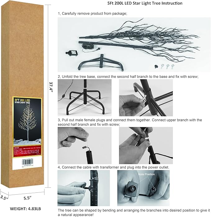 LIGHTSHARE 5FT 200L Lighted Star Light,Warm White Lighted Tree Decoration Light,Home/Festival/Party/Christmas,Indoor and Outdoor Use