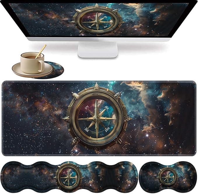 Large XXL Gaming Desk Mat 31.5"x 11.8", Ergonomic Keyboard Wrist Rest & Mouse Pad Wrist Rest + Coaster Set, Non-Slip Base, Memory Foam, Office and Home, Space Compass