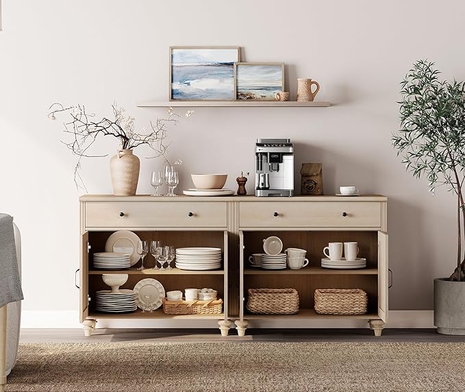 WAMPAT 5 Tier Bookshelf 72" Tall Bookcase with Barn Doors, Large Farmhouse Display Book Shelf with 2 Drawers and Storage Cabinet, Library Wood Bookshelves for Living Room,Kitchen, Light Oak(2PCS)