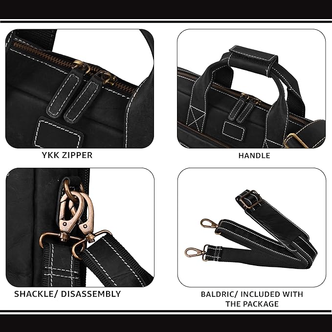 LEATHER VILLAGE 16" Leather Laptop Messenger Briefcase Bag for Men-Leather Satchel for Travel and Office Shoulder Bag-Black