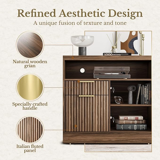 2 Drawer File Cabinet with Lock, 63'' Wood Lateral File Cabinet, Compatible Letter and A4 Size, Fluted Filing Cabinet for Home Office with AC/USB, Adjustable Storage Shelves, Black Walnut