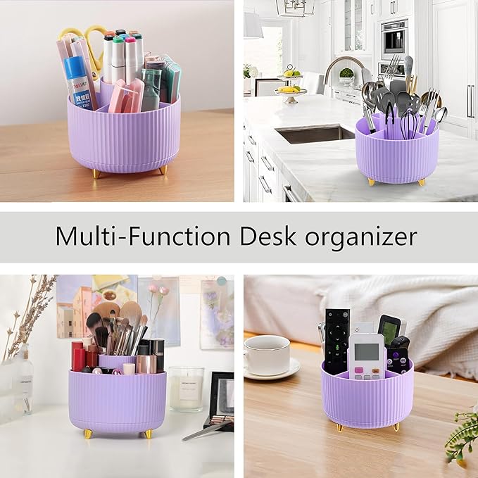 Purple Desk Accessories, Purple Office Supplies 360°Pen Holder Desk Organizers And Accessories with Tape Dispenser, Stapler, Staple Remover, 1000 Staples, Tape, Clips Set, Ruler, Scissor, Pen