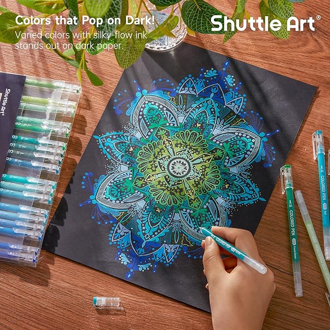 Shuttle Art Colored Pens, 24 Blue & Green Tone Colors Cute Journal Pens 0.6mm Fine Point Colored Gel Pens for Black Paper Adult Coloring Writing Drawing Journaling Note Taking School Office Home