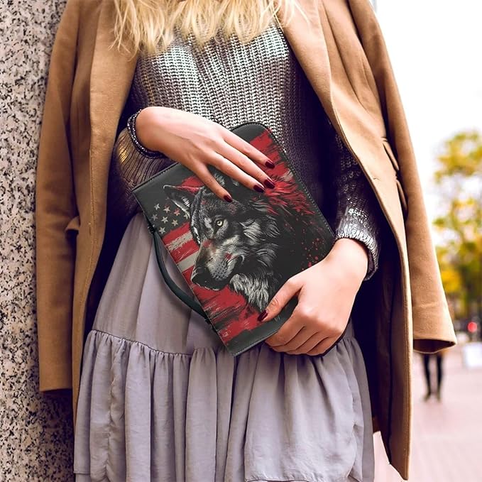 Lotusorchid American Flag Wolf Bible Bags, Faux Leather Bible Covers with Handle Pockets for Women, Portable Sturdy Bible Bag for Men, Christian Bible Study Accessories, Black and Red, M