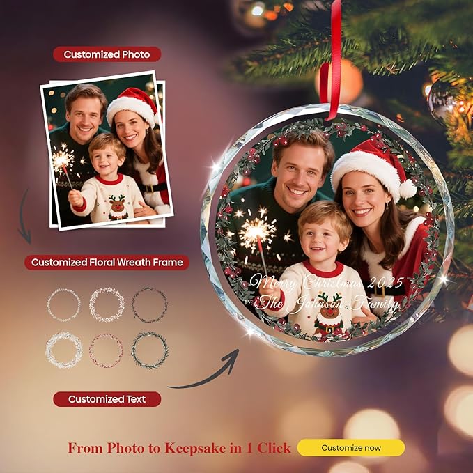 Personalized Christmas Ornaments 2025 for Familie, Custom Christmas Ornaments, Crystal Photo Ornament for Xmas, Wedding, Anniversary, Personalized Gifts for Family, Kids, Couple, Pet (3.15”)