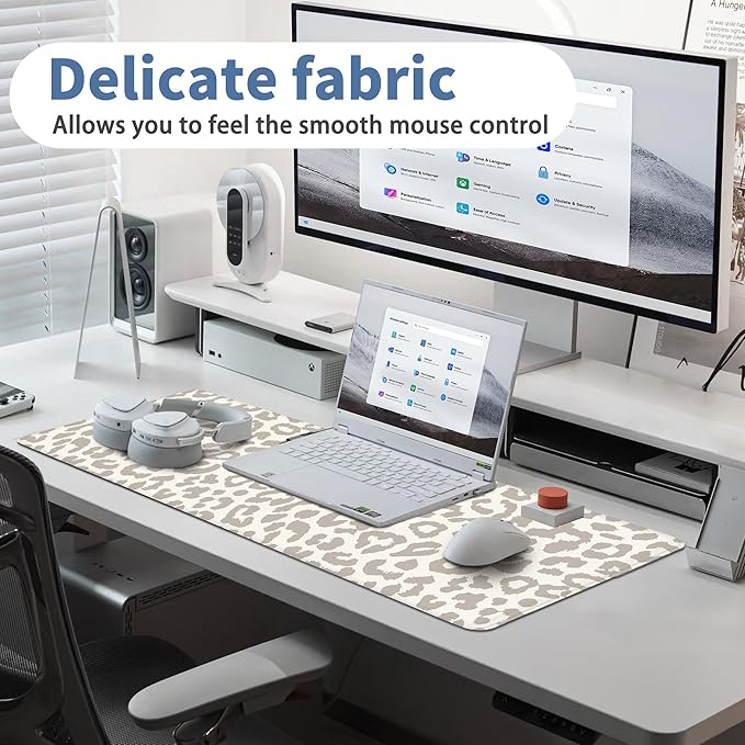 Leopard Print Mouse Pad Large Desk Mat Extended Keyboard Mouse Pad Cute XL Mousepad with Non-Slip Base and Stitched Edge Mouse Mat Desk Pad 31.5 x 11.8 in Mouse Pads for Desk Decor Home Office Gaming